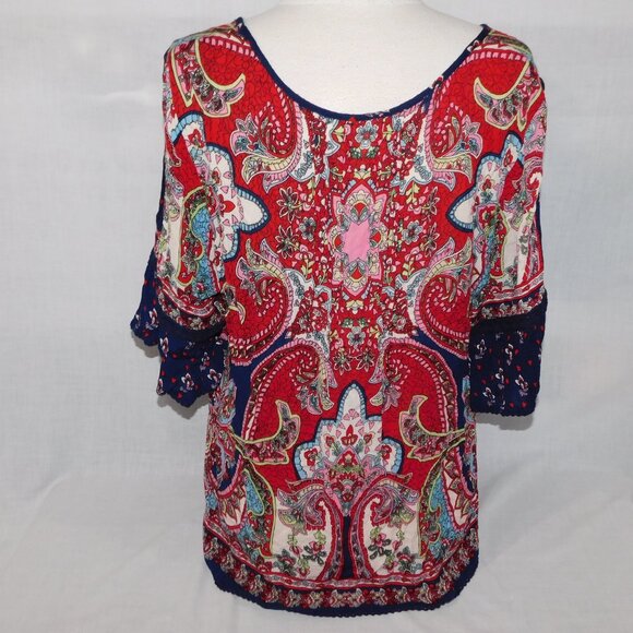 Bila Womens XL Rayon Cold Shoulder multicolour Short Sleeve Peasant Top Blouse - Picture 10 of 12